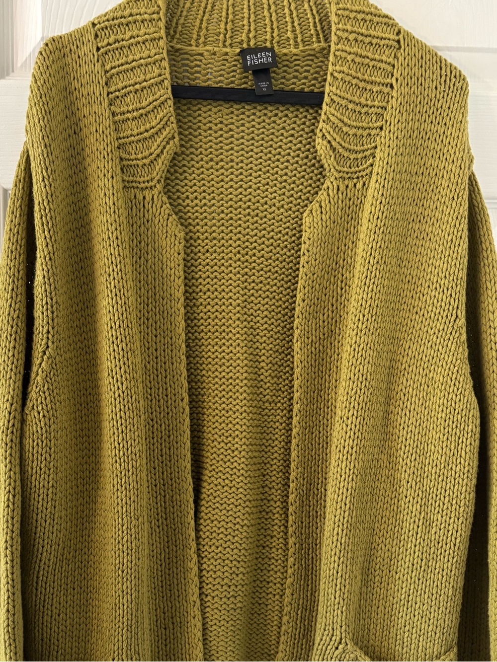 Eileen Fisher Chartreuse Olive Green Chunky Knit Cardigan Sweater XL Rolled Hem - Picture 2 of 5